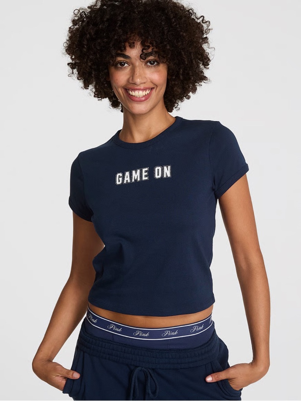 PINK Victoria's Secret Navy 'Game On' Rhinestone Cropped Tee NWT